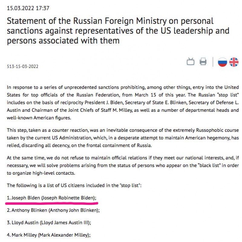Rusia a scris greșit numele lui Joe Biden pe lista de sancțiuni. Casa Albă: „Poate l-au sancționat pe tatăl lui, fie-i țărâna ușoară!”