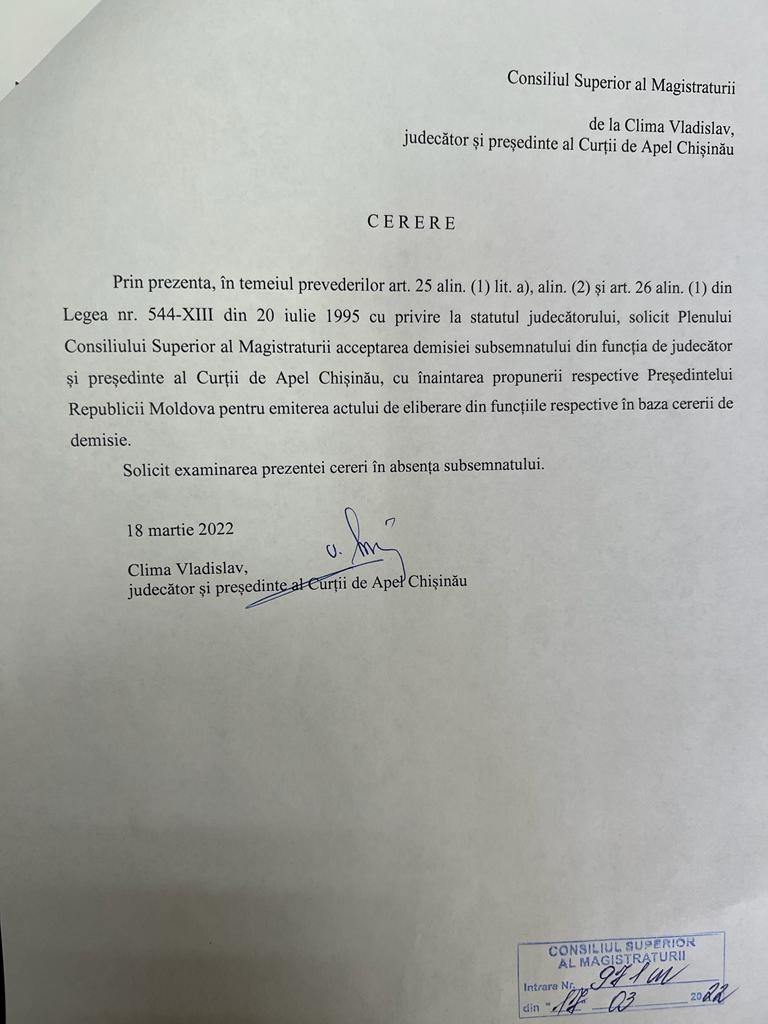 ULTIMA ORĂ // Președintele Curții de Apel Chișinău, Vladislav Clima, a depus cerere de demisie