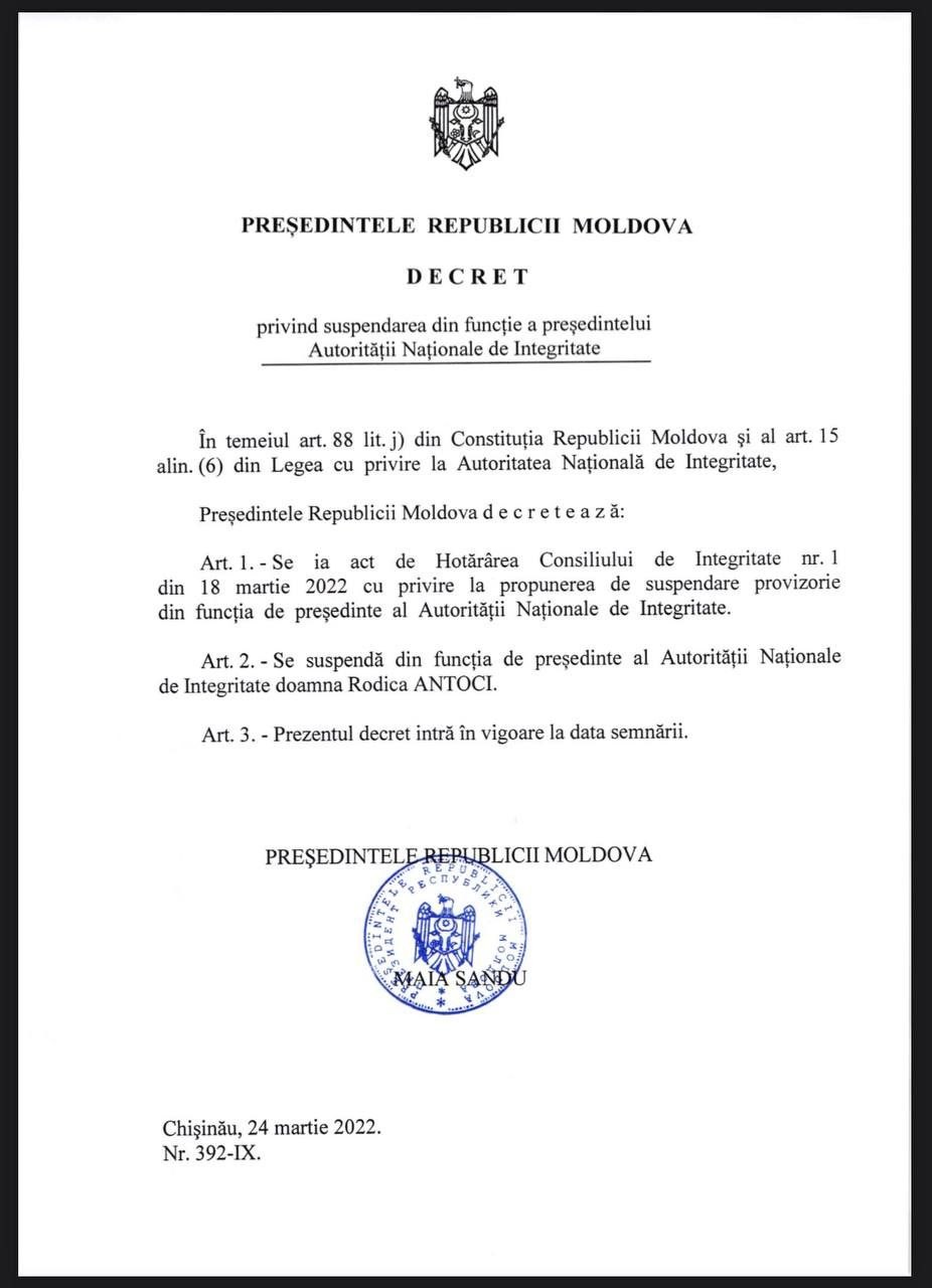 ULTIMA ORĂ // Maia Sandu a semnat decretul: Rodica Antoci a fost suspendată din funcția de președinte a ANI