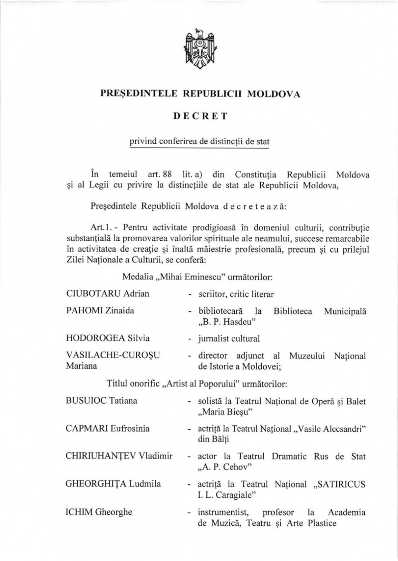 FOTO // Maia Sandu a înmânat distincții de stat mai multor oameni de cultură: „Împreună facem Moldova mai plină de viitor”