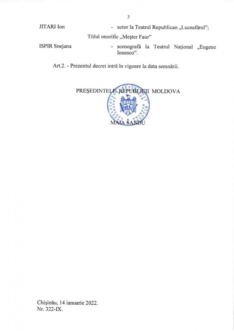 FOTO // Maia Sandu a înmânat distincții de stat mai multor oameni de cultură: „Împreună facem Moldova mai plină de viitor”