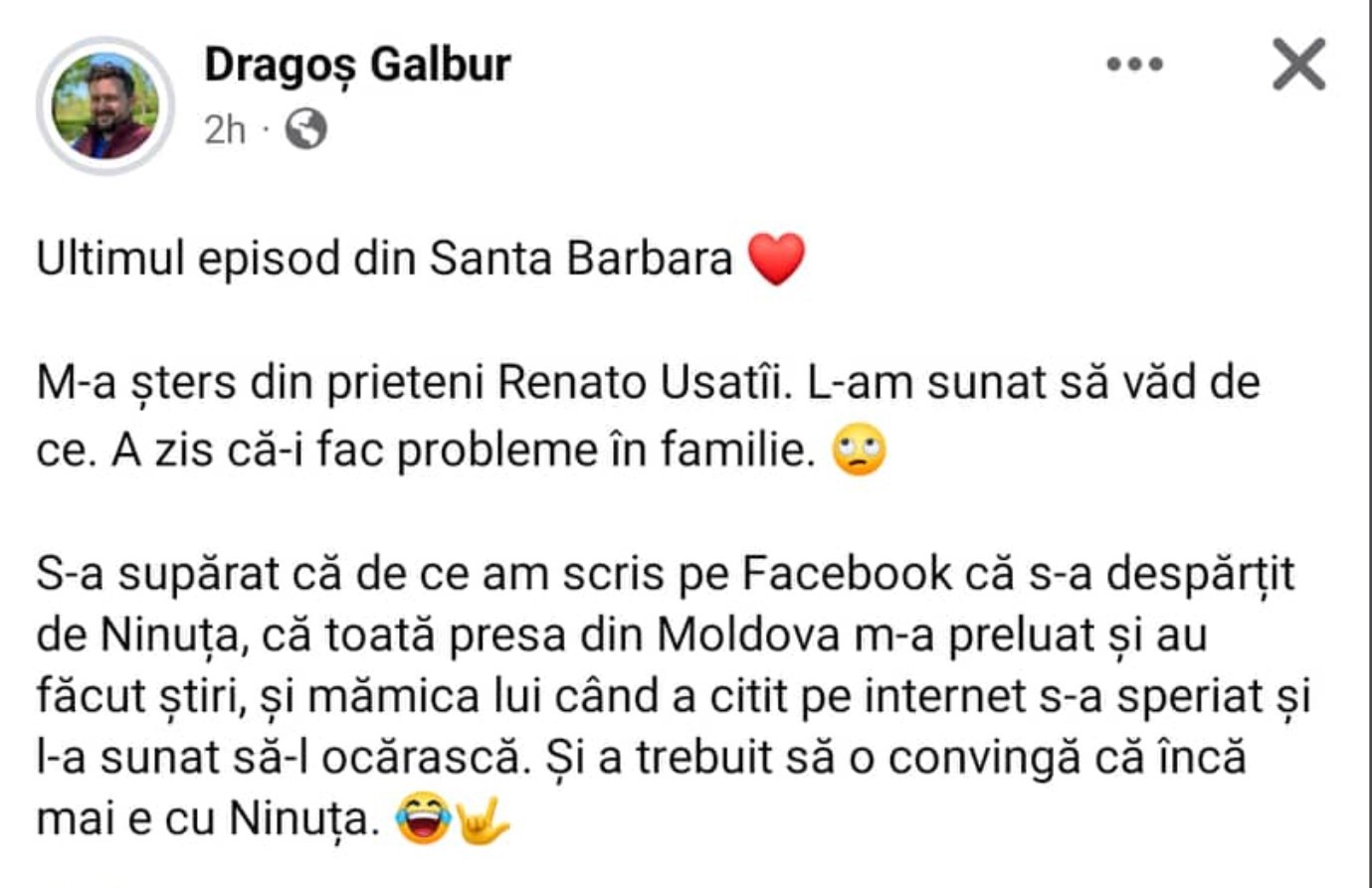 Renato Usatâi s-a supărat pe blogger-ul care l-a „despărțit” de Nina Crețu: „M-a șters din prieteni”