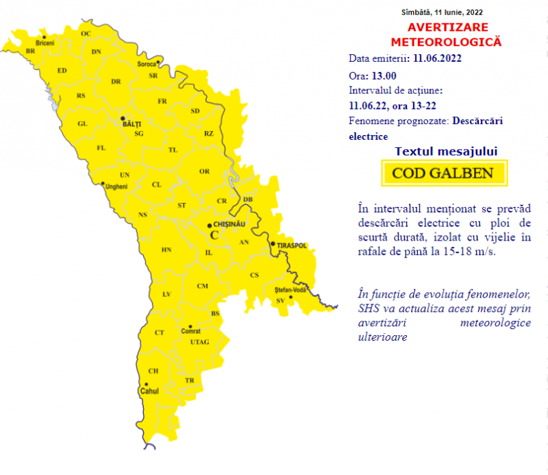 Alertă METEO: Cod galben de precipitații puternice cu descărcări electrice