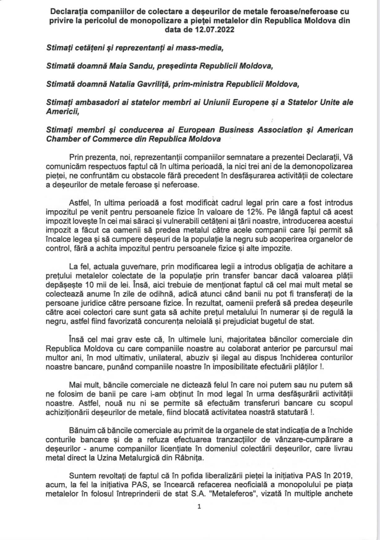 DOC // Agenții economici bat alarma. Piața metalelor din Republica Moldova este la un pas de a fi monopolizată din nou