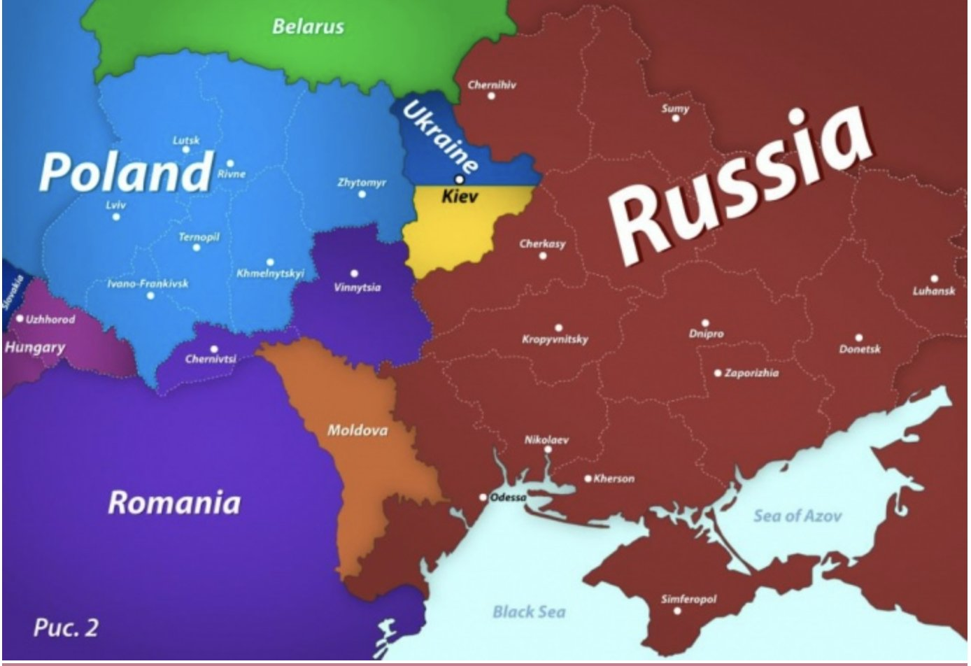 FOTO // Dmitri Medvedev publică o hartă a unei Ucraine împărțită între mai multe țări, printre care și România. Moldova ar rămâne fără Transnistria