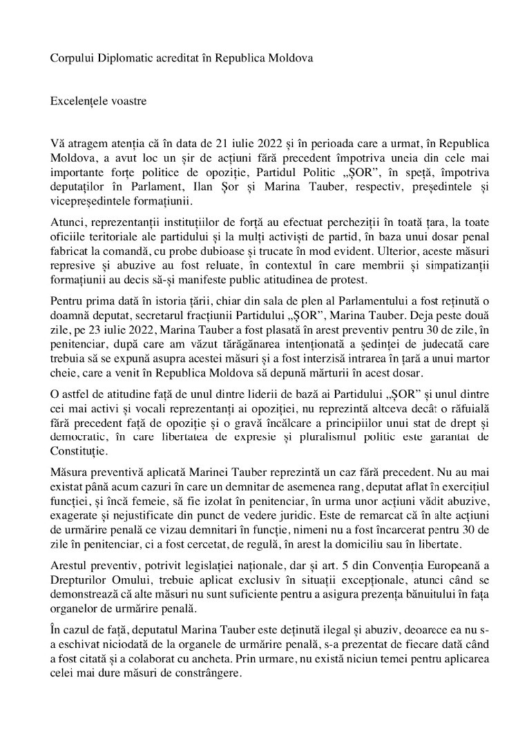 Marina Tauber le-a trimis o scrisoare ambasadorilor, prin care îi îndeamnă să ia act de abuzurile guvernării PAS