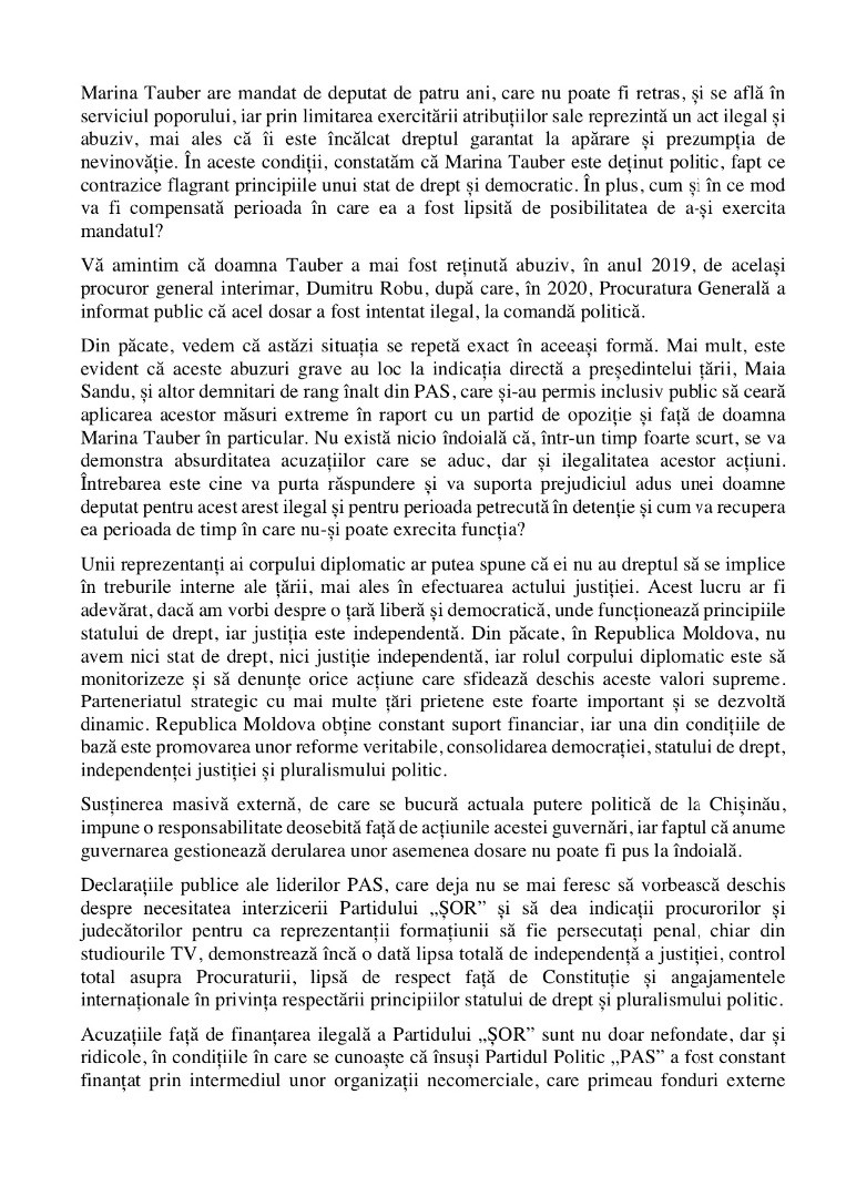 Marina Tauber le-a trimis o scrisoare ambasadorilor, prin care îi îndeamnă să ia act de abuzurile guvernării PAS