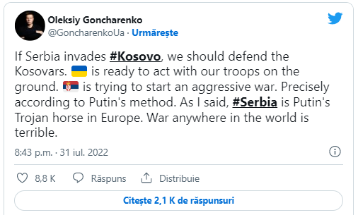 Ucraina: „Dacă sârbii invadează Kosovo trebuie să-i apărăm pe kosovari". „Serbia, calul troian al lui Putin"