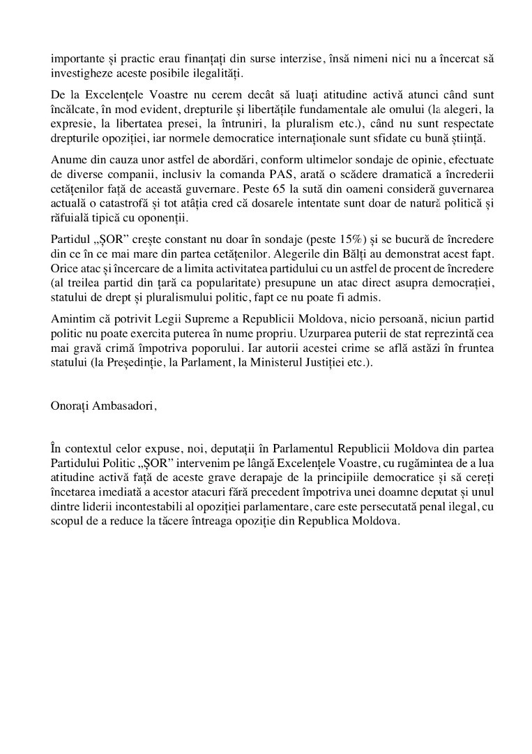 Marina Tauber le-a trimis o scrisoare ambasadorilor, prin care îi îndeamnă să ia act de abuzurile guvernării PAS
