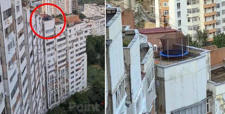 Imaginea zilei // O trambulină pentru copii și o mică piscină, instalată pe acoperișul unui bloc de locuit