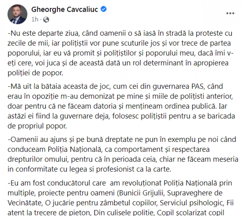 Gheorghe Cavcaliuc amenință cu proteste Guvernarea PAS: „Polițiștii vor trece de partea poporului”