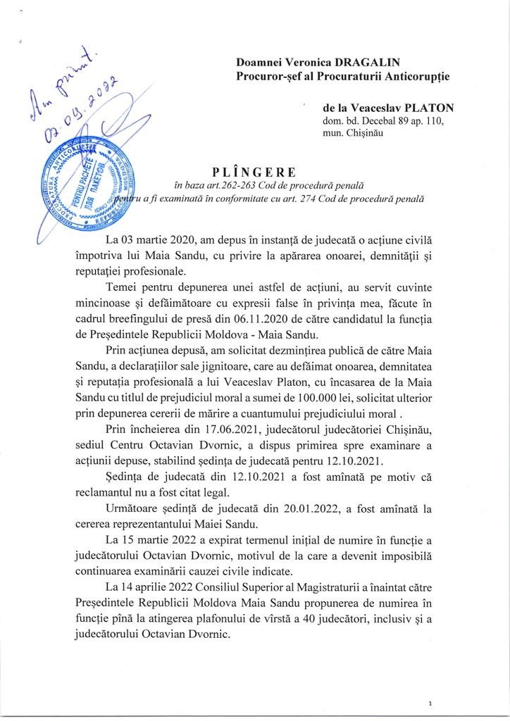 BREAKING NEWS (doc) // Fugarul Platon cere condamnarea penală a Maiei Sandu