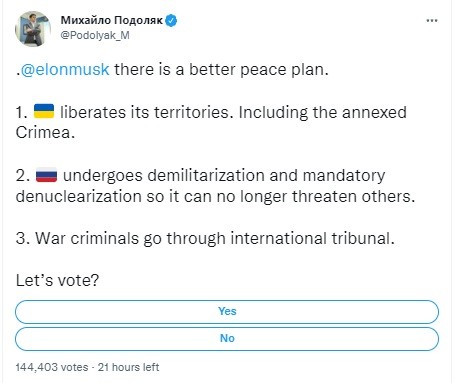 Elon Musk și-a aprins paie-n cap postând pe twitter un plan de „pace” între Ucraina și Rusia
