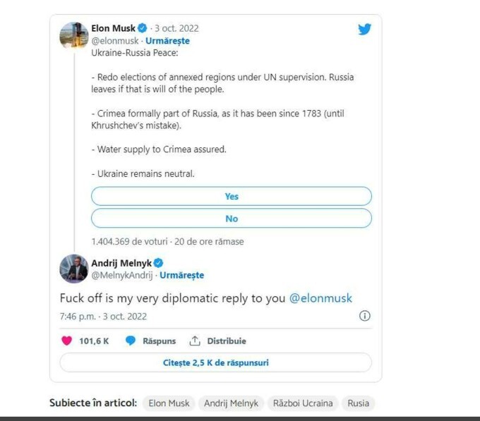 Elon Musk și-a aprins paie-n cap postând pe twitter un plan de „pace” între Ucraina și Rusia