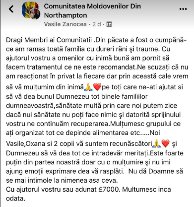 Moldovenii din Northampton săritori la nevoie: În timp record au colectat 7 000£ pentru o familie grav accidentată