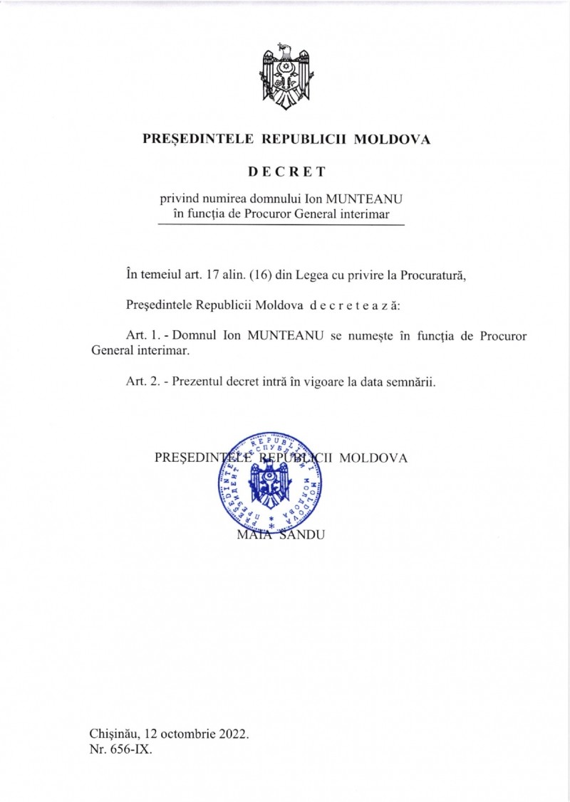 DOC // Maia Sandu a semnat decretul de numire a noului Procuror General interimar
