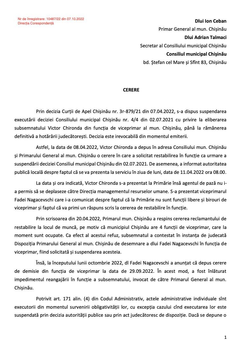 DOC // Chironda a depus cerere repetată de restabilire în funcția de viceprimar