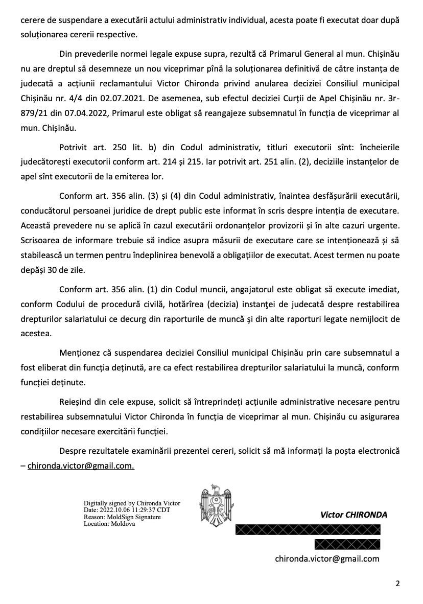 DOC // Chironda a depus cerere repetată de restabilire în funcția de viceprimar