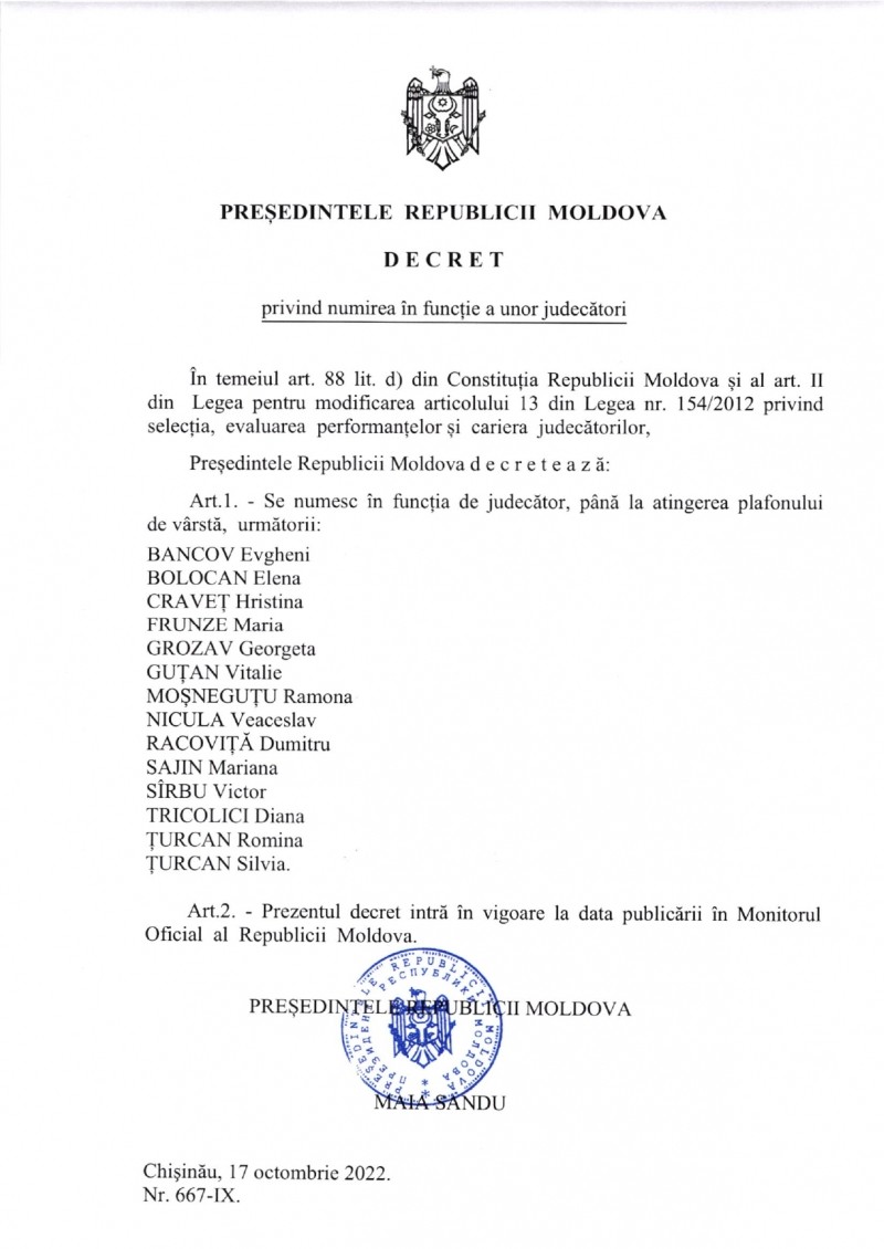 DOC // Maia Sandu a numit în funcție 14 judecători
