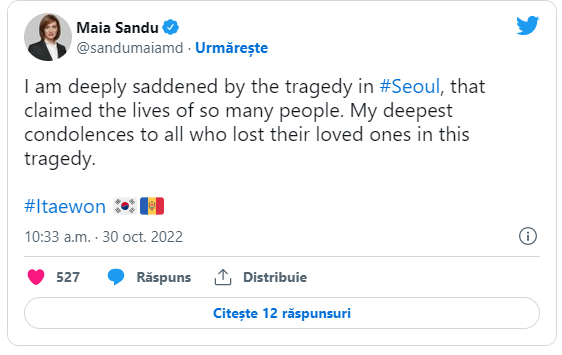 Maia Sandu a transmis condoleanțe, în urma tragediei din Seul