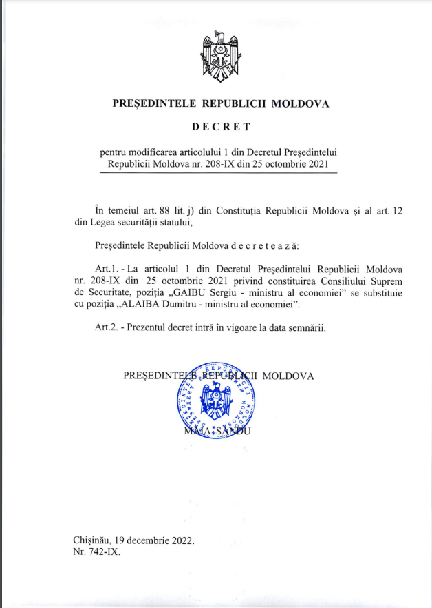 ULTIMA ORĂ // Dumitru Alaiba, noul membru al Consiliului Suprem de Securitate. Maia Sandu a semnat decretul