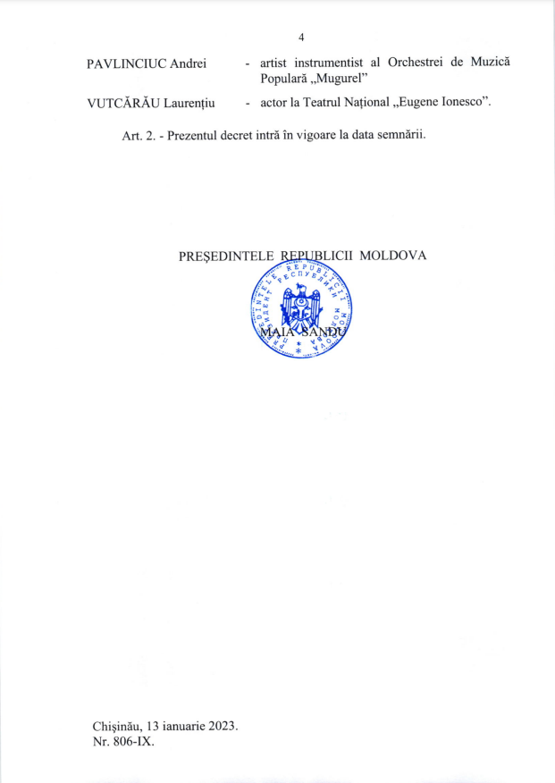 Maia Sandu a conferit distincții mai multor oameni de cultură: Să le prețuim munca. Să le prețuim talentul