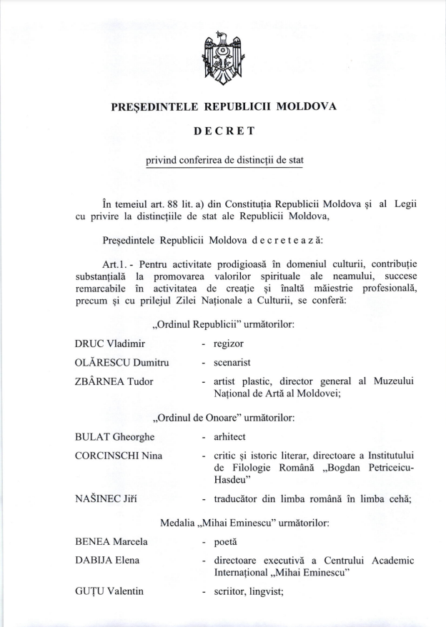 Maia Sandu a conferit distincții mai multor oameni de cultură: Să le prețuim munca. Să le prețuim talentul