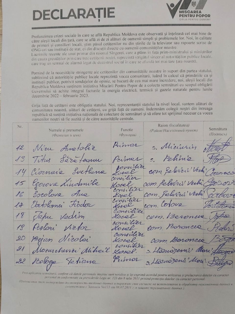 DOC // Sute de aleși locali și-au exprimat sprijinul pentru „Mișcarea Pentru Popor”