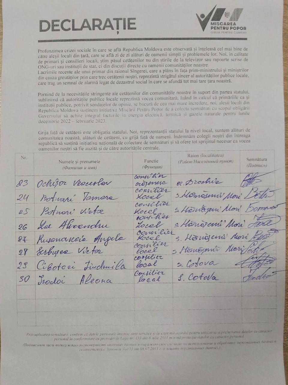 DOC // Sute de aleși locali și-au exprimat sprijinul pentru „Mișcarea Pentru Popor”