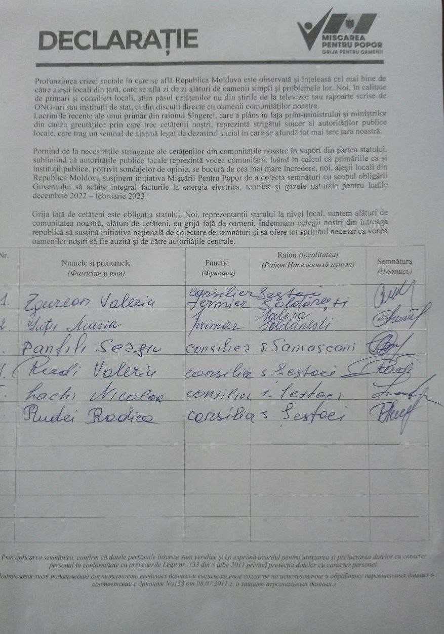 DOC // Sute de aleși locali și-au exprimat sprijinul pentru „Mișcarea Pentru Popor”