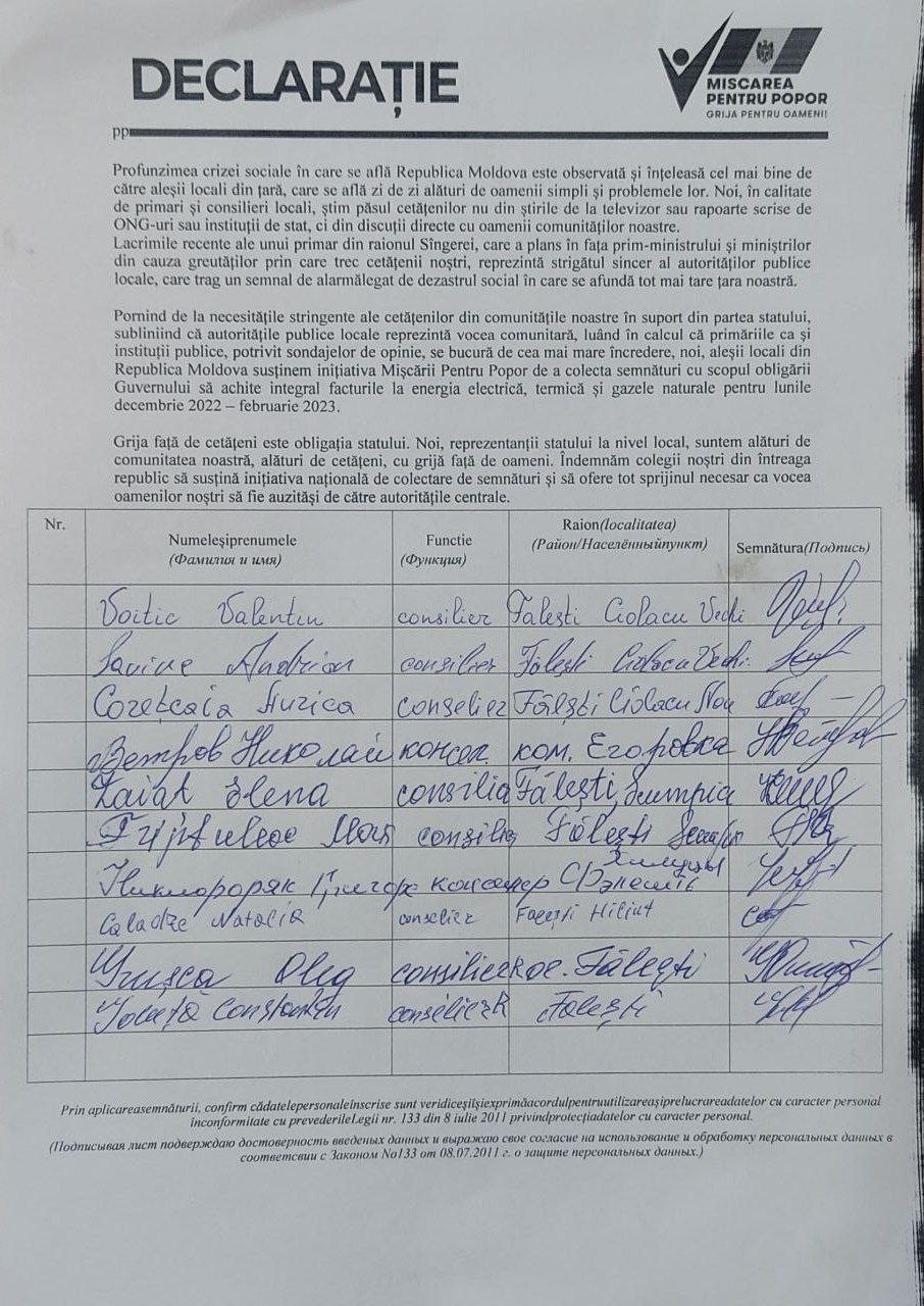 DOC // Sute de aleși locali și-au exprimat sprijinul pentru „Mișcarea Pentru Popor”