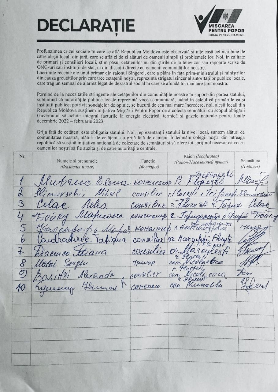 DOC // Sute de aleși locali și-au exprimat sprijinul pentru „Mișcarea Pentru Popor”