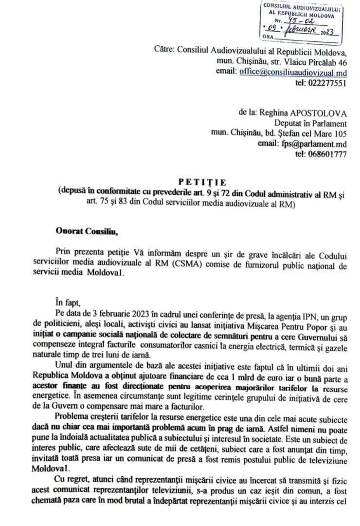 DOC // Deputatul Partidului „ȘOR”, Reghina Apostolova, a depus o sesizare la CA privind manipularea publicului de către postul „Moldova 1”