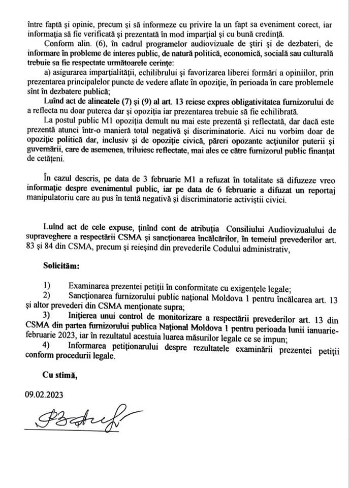 DOC // Deputatul Partidului „ȘOR”, Reghina Apostolova, a depus o sesizare la CA privind manipularea publicului de către postul „Moldova 1”