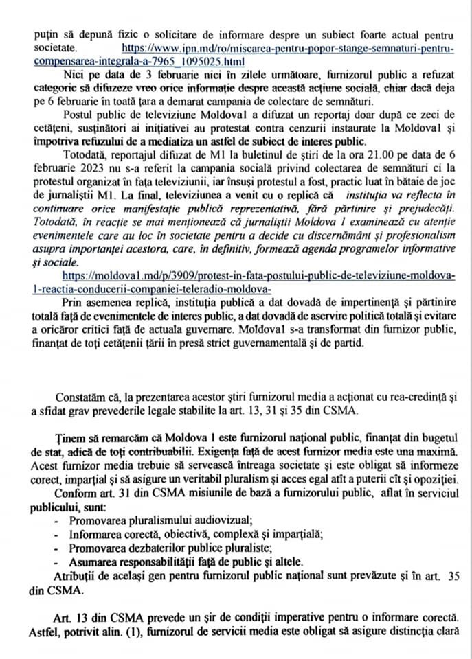 DOC // Deputatul Partidului „ȘOR”, Reghina Apostolova, a depus o sesizare la CA privind manipularea publicului de către postul „Moldova 1”