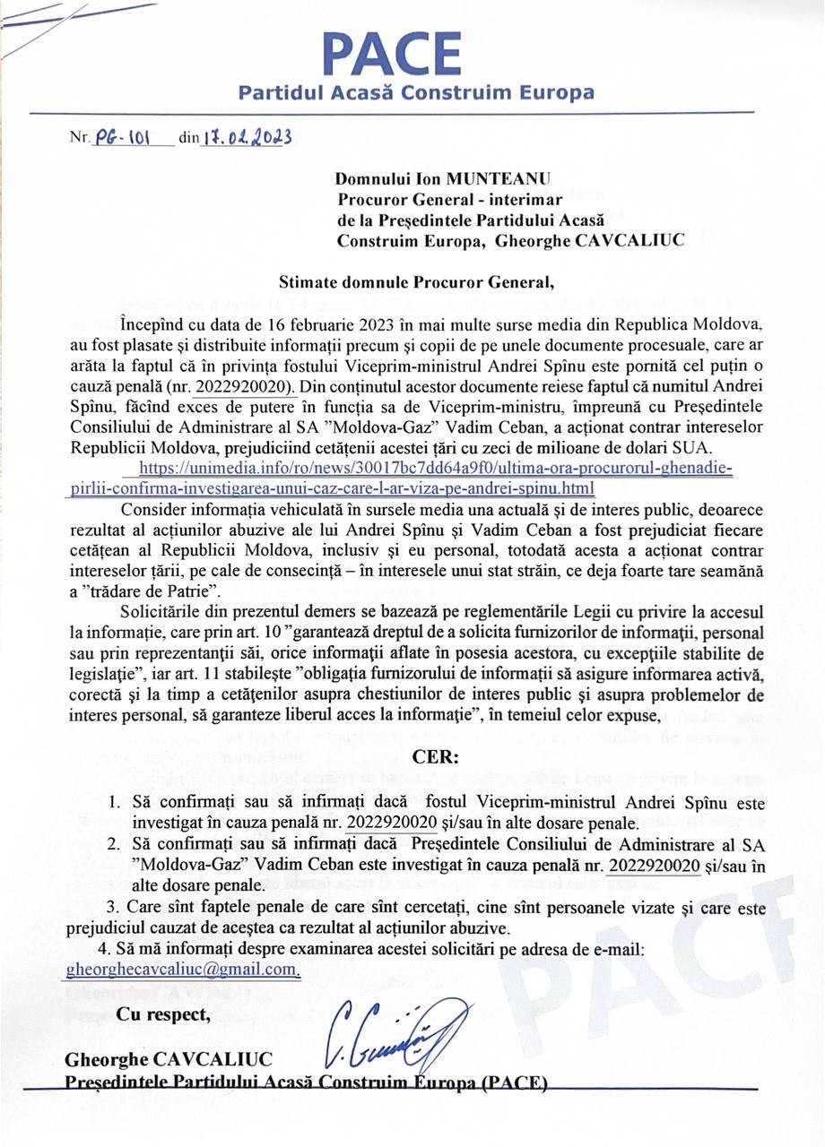 DOC // Vadim Ceban, cercetat penal într-un dosar ținut ascuns, susține liderul PACE, Gheorghe Cavcaliuc