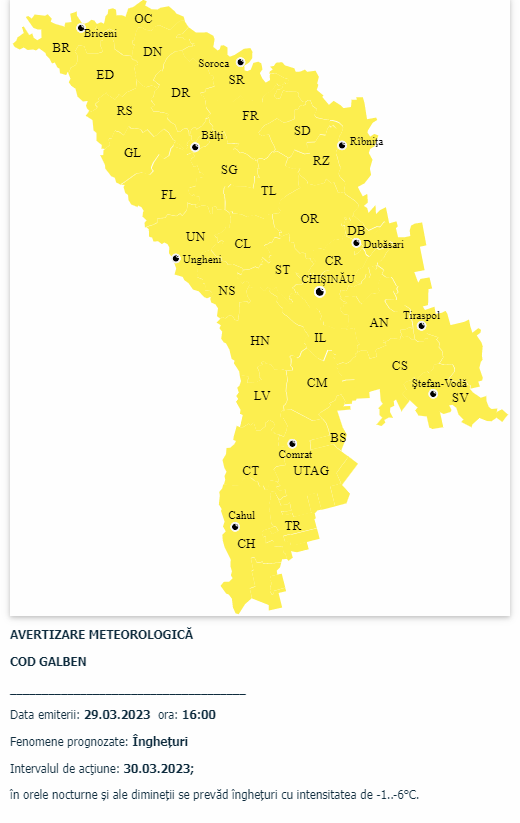 O nouă ALERTĂ METEO în R. Moldova: Cod galben de îngheț