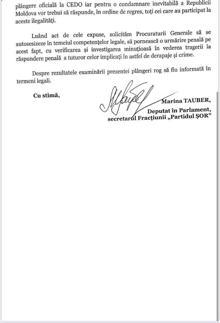 DOC // Procuratura Generală a înregistrat plângerea împotriva persoanelor și instituțiilor implicate în eliminarea Marinei Tauber din cursa pentru primăria Bălți