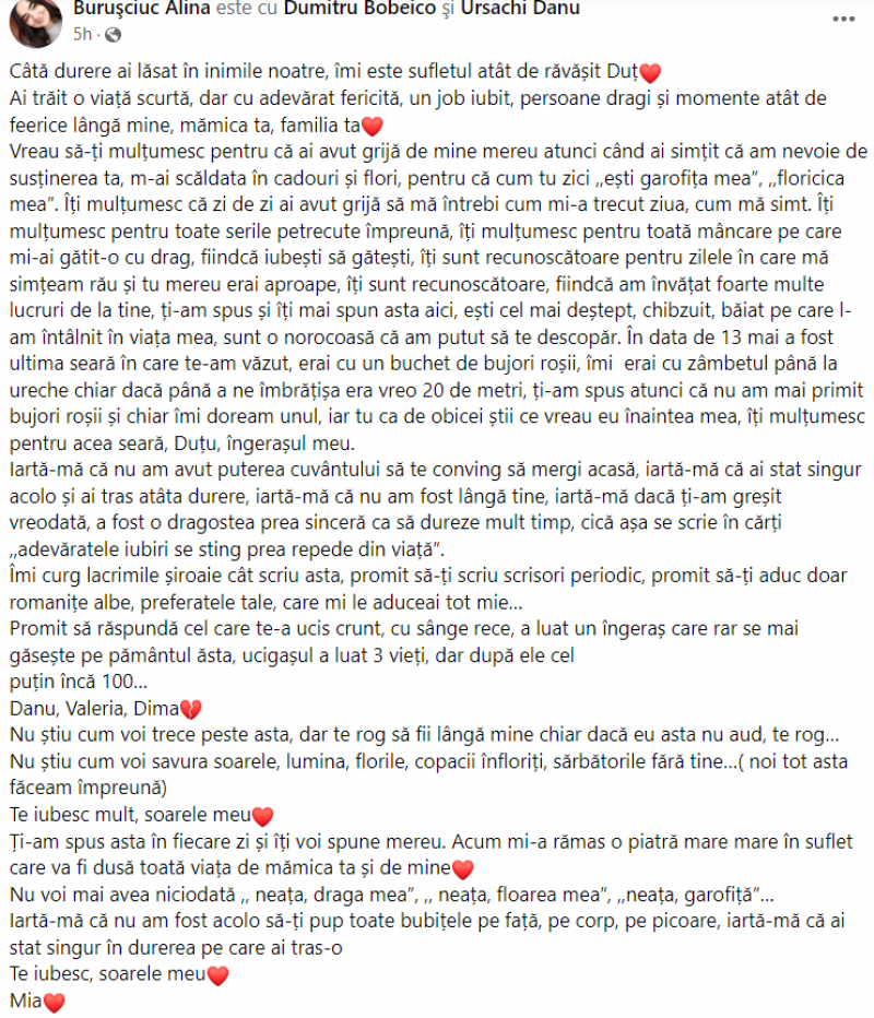 Emoționant până la lacrimi // Scrisoarea de adio a iubitei unuia dintre tinerii decedați în accidentul de la Răzeni