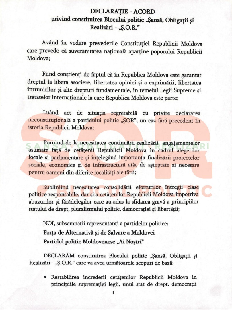 DOC // Acordul semnat de Șor și partidele care au aderat la blocul nou format - „Ș.O.R”. Cu ce promisiuni vin