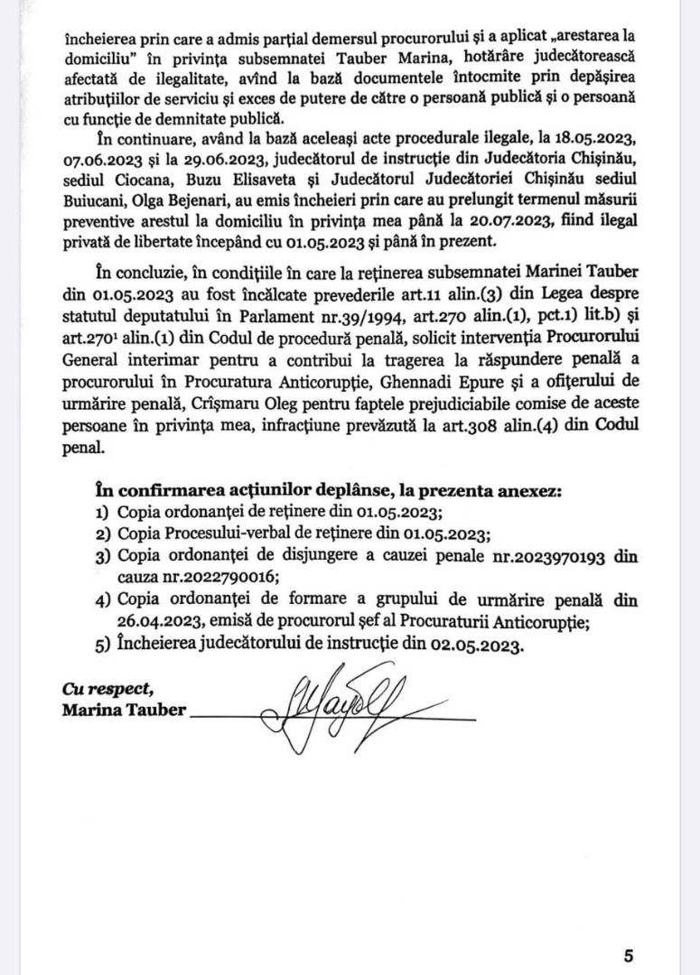 DOC // „Adevărul va învinge și toți cei vinovați vor fi trași la răspundere penală”. Marina Tauber a depus o plângere la Procuratura Generală