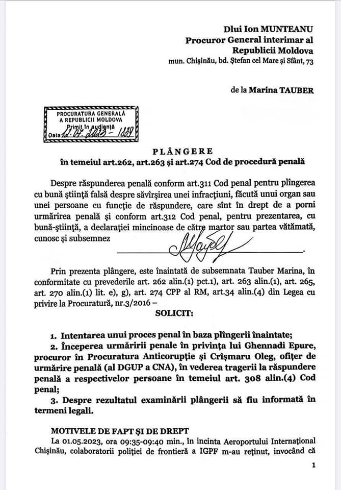 DOC // „Adevărul va învinge și toți cei vinovați vor fi trași la răspundere penală”. Marina Tauber a depus o plângere la Procuratura Generală