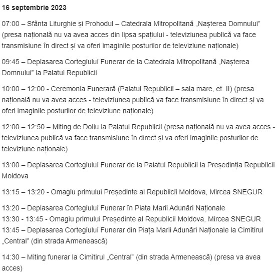 Ziua de 16 septembrie - declarată zi de doliu național, în legătură cu funeraliile primului Președinte al Republicii Moldova, Mircea Snegur