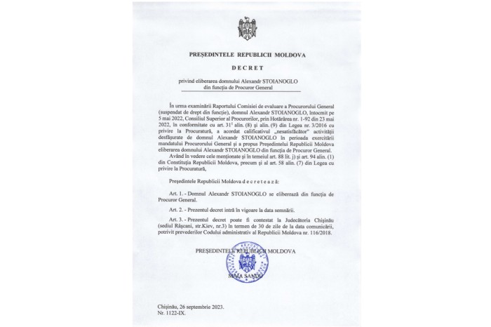 DOC // Maia Sandu a semnat decretul de eliberarea din funcție a procurorului general, Alexandr Stoianoglu