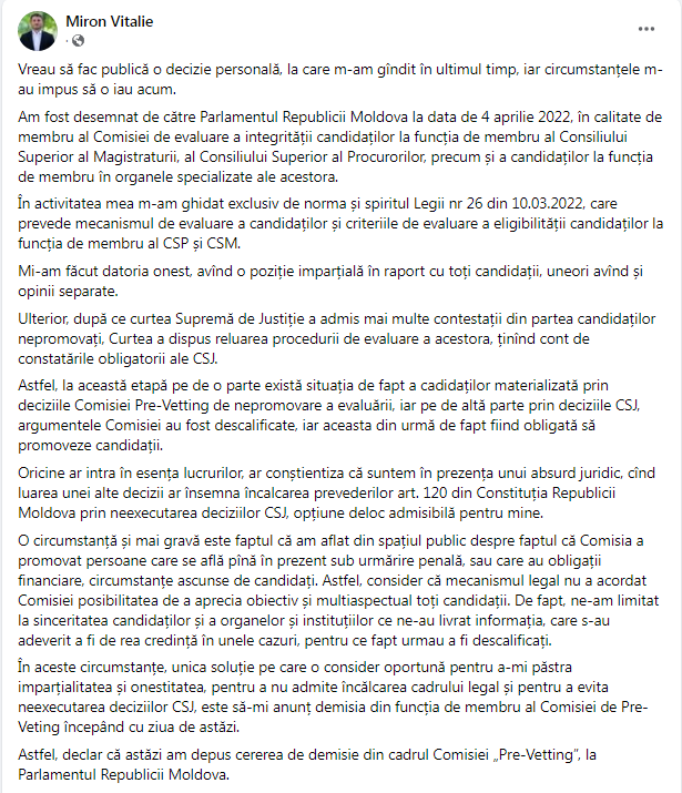 DOC // Un membru al Comisiei Pre-Vetting, a depus astăzi cerere de demisie din funcție. Iată motivul