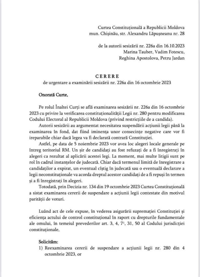 DOC // Tauber susține că modificările făcute de PAS la Codul electoral „încalcă principiul constituțional al suveranității poporului și dreptului fundamental de a fi ales”