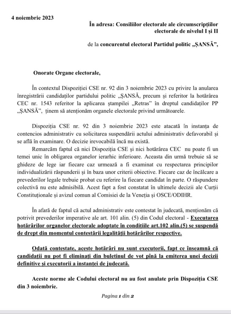 DOC // Partidul “ȘANSĂ” a contestat decizia Comisiei pentru Situații Excepționale privind excluderea sa de la alegeri