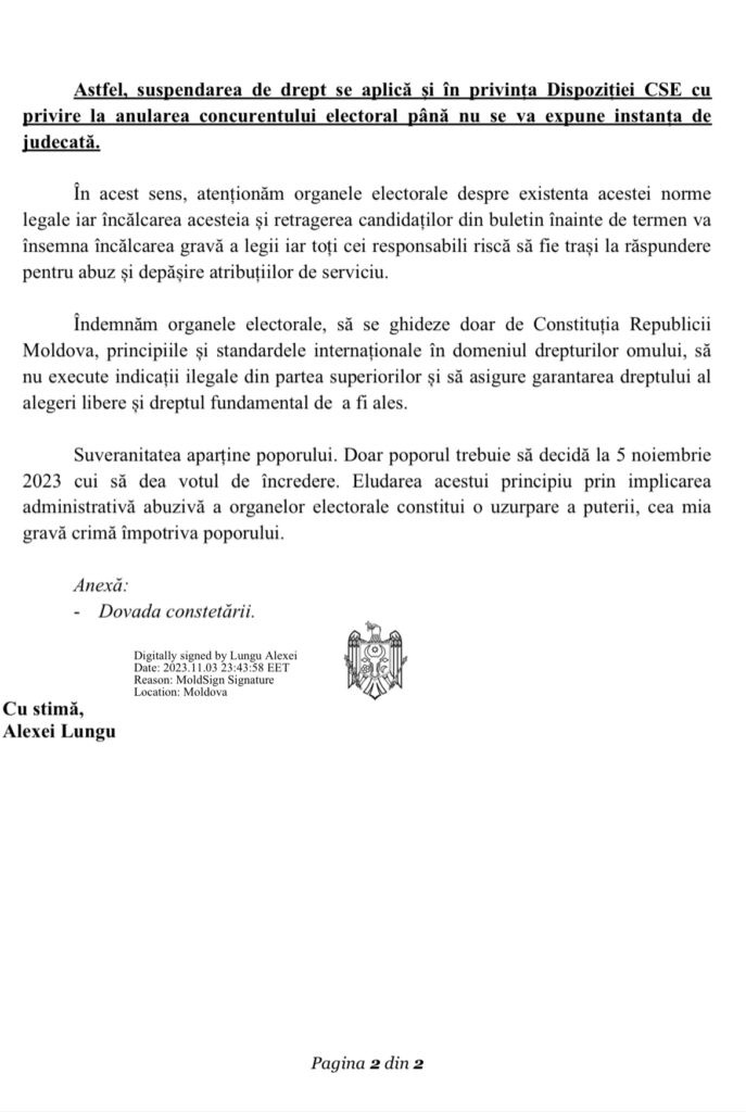 DOC // Partidul “ȘANSĂ” a contestat decizia Comisiei pentru Situații Excepționale privind excluderea sa de la alegeri