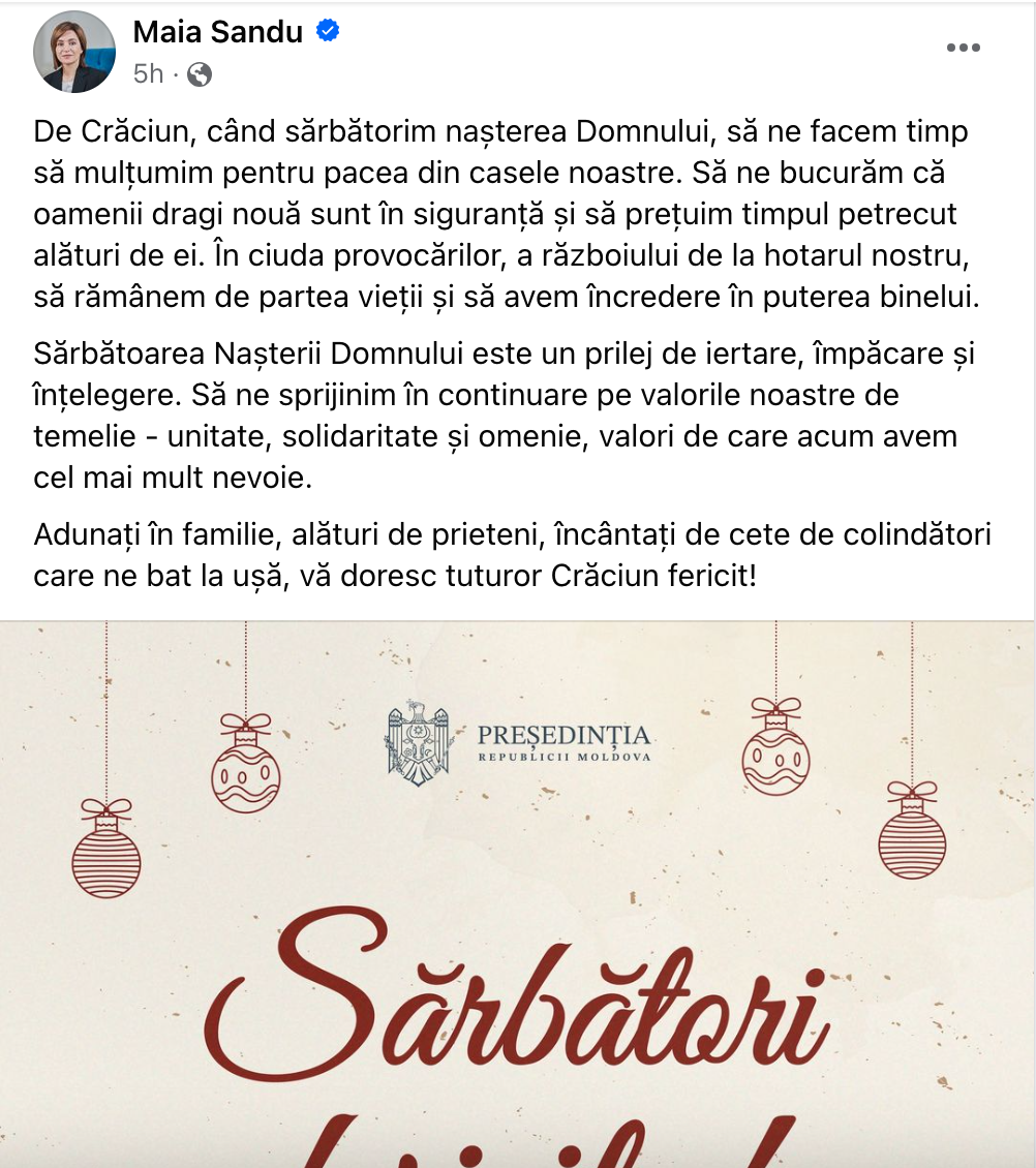 Mesajul Președintelui Republicii Moldova, Maia Sandu de Crăciun: Să ne sprijinim în continuare pe valorile noastre de temelie