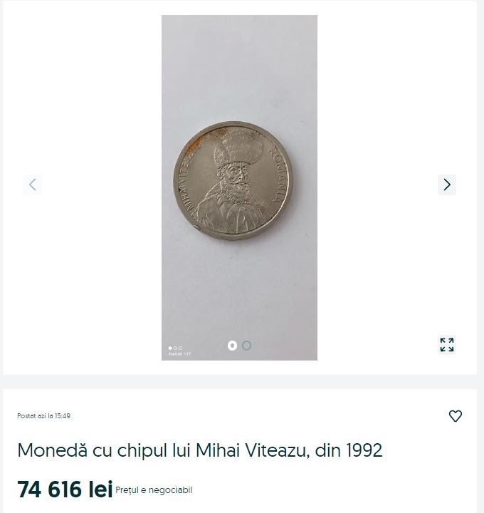 Prețul incredibil la care se vinde acum o monedă de 100 de lei din anul 1992, cu chipul lui Mihai Viteazul